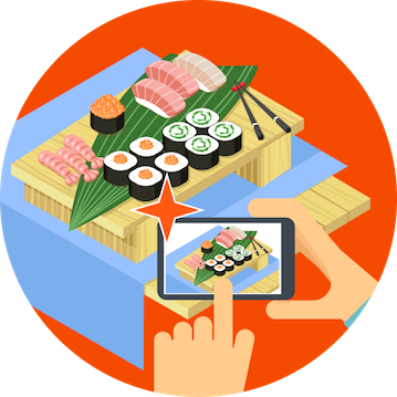 Animation of a user snapping a picture of sushi with a smartphone. SnapCalorie's AI calorie counter will then asses the nutrition visually.
