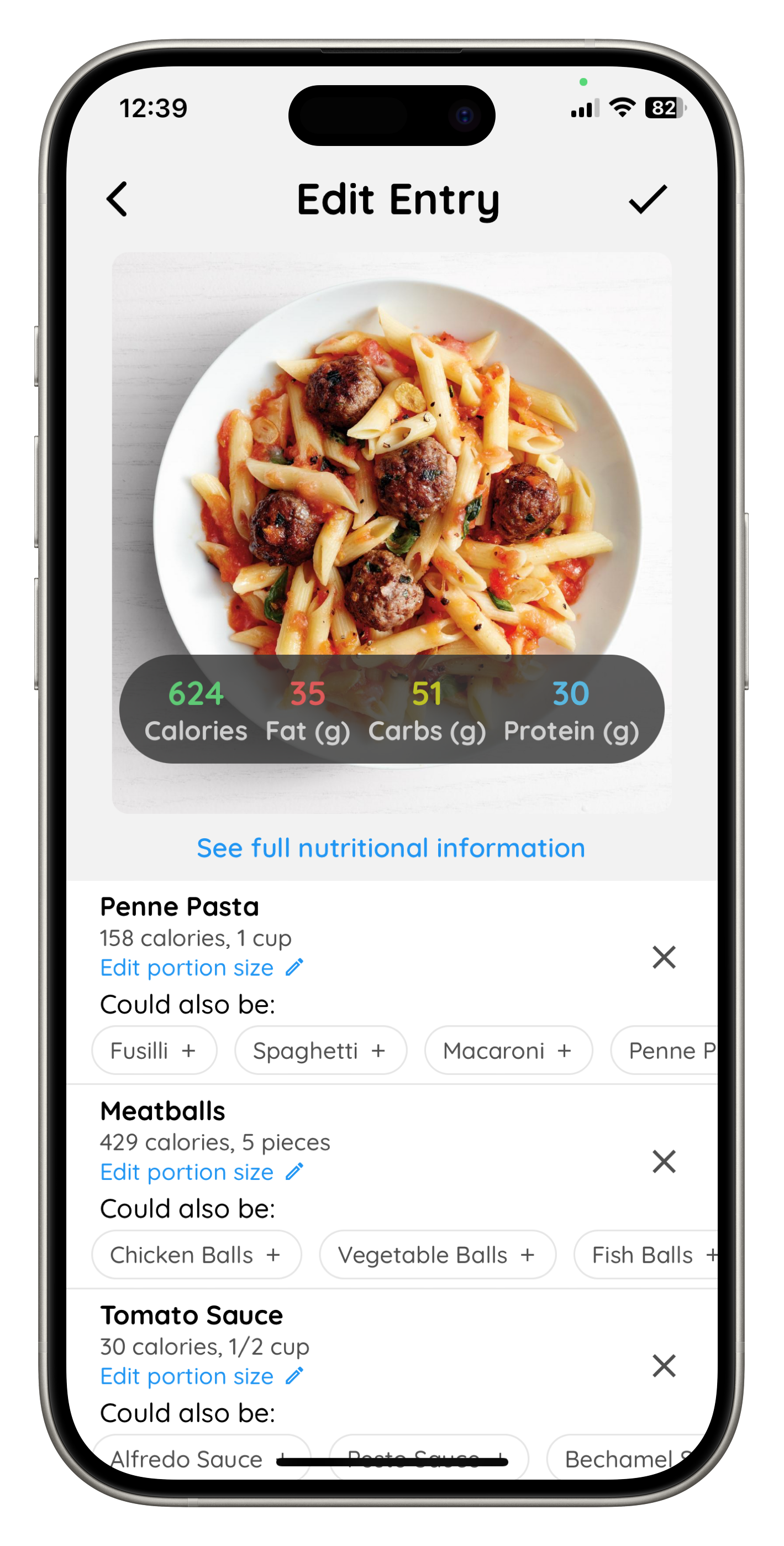 Screenshot of SnapCalorie's results from taking a picture of a plate of pasta and meatballs.